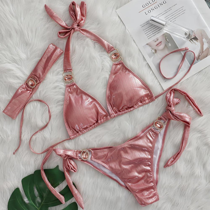 Dame Glinsende Slips-Detalje Triangle Bikini Sæt Stilla