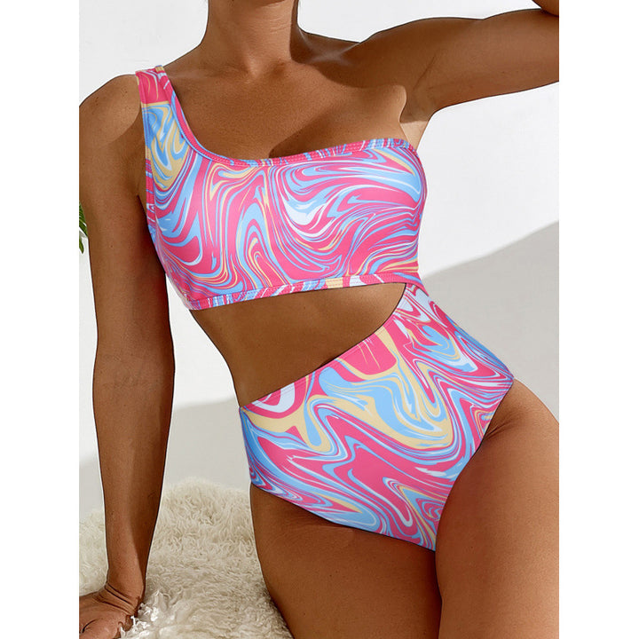 Dame One-Shoulder Bikini-sæt med farverigt mønster og høj benudskæring Skovae