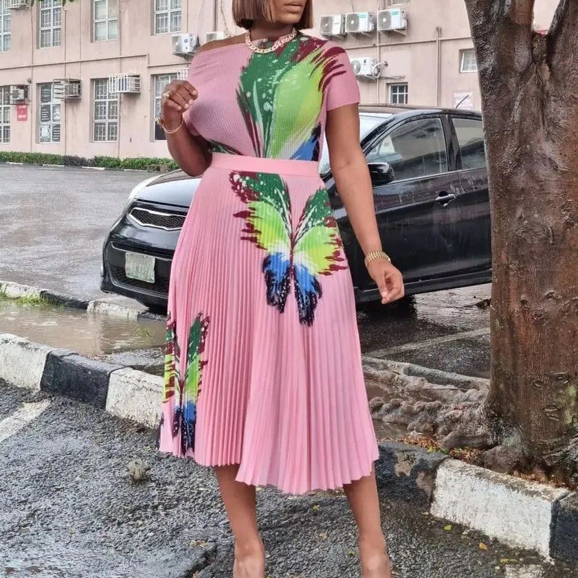 Dame Midi-kjole med elegant sommerfugl-tryk og plisseret skirt Stilla