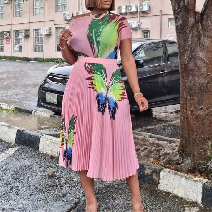 Dame Midi-kjole med elegant sommerfugl-tryk og plisseret skirt Stilla