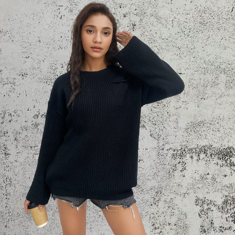 Dame stor strikket sweater med innovativt tekstureret mønster og brystlomme Stilla