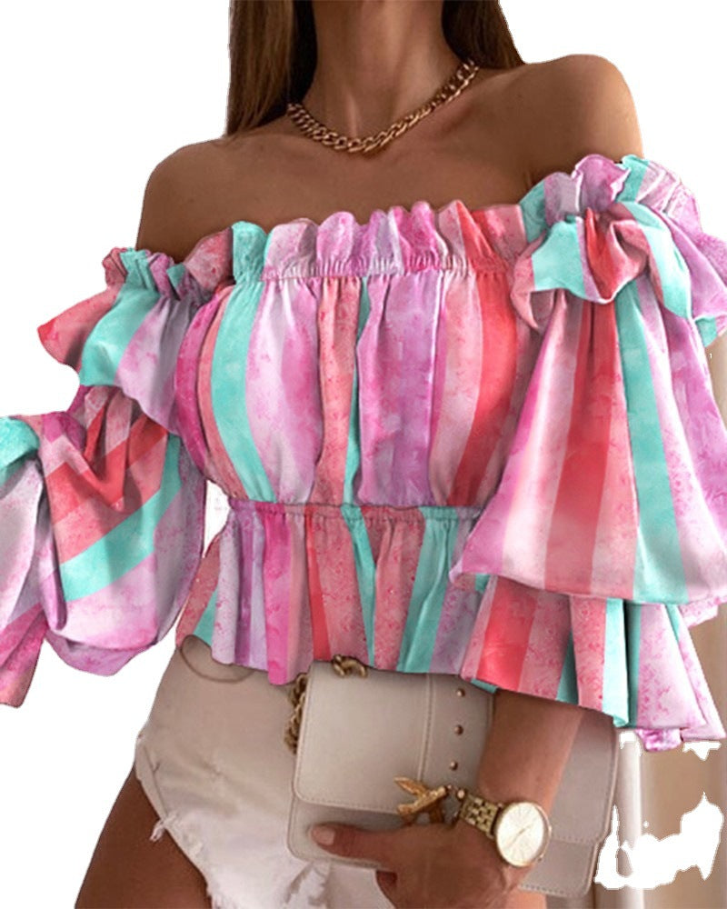 Damer Elegant Off-Shoulder Top med voluminøse rynker og blomsterprint Stilla