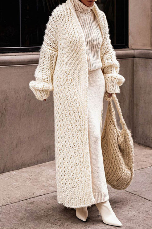 Stilla | Chunky Strik Lang Strikjakke Åben Front Maxi Pullover Frakkef