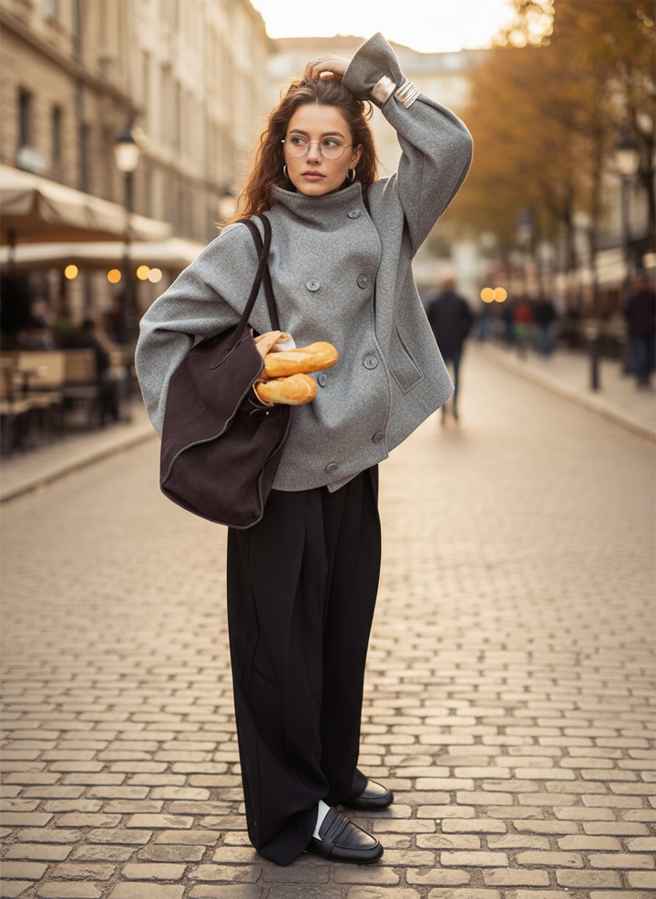 Stilla | Jakke Uldblanding Oversized Fit Ståkrave Dobbeltknap