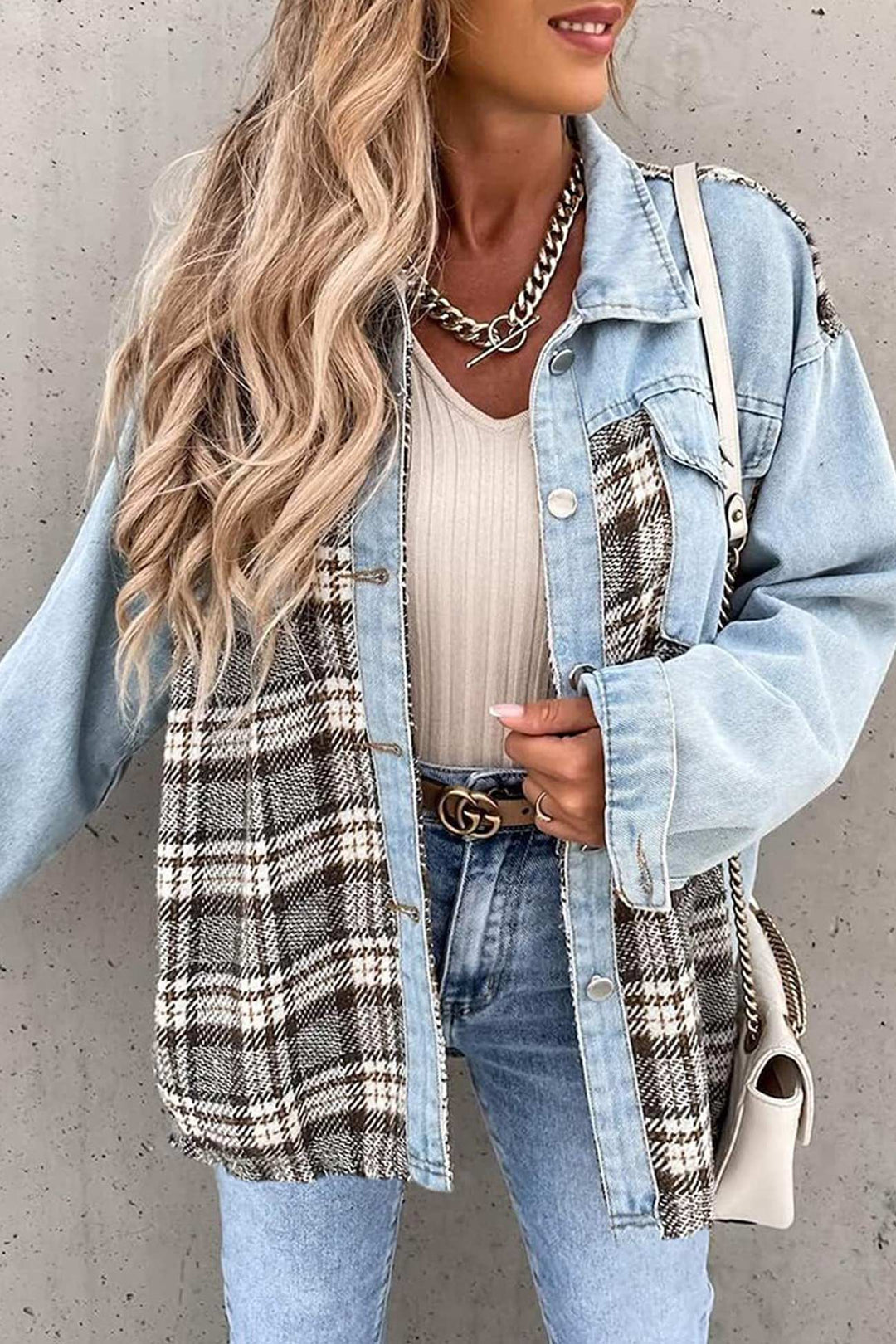 Stilla | Rutig Patchwork Jeansjakke