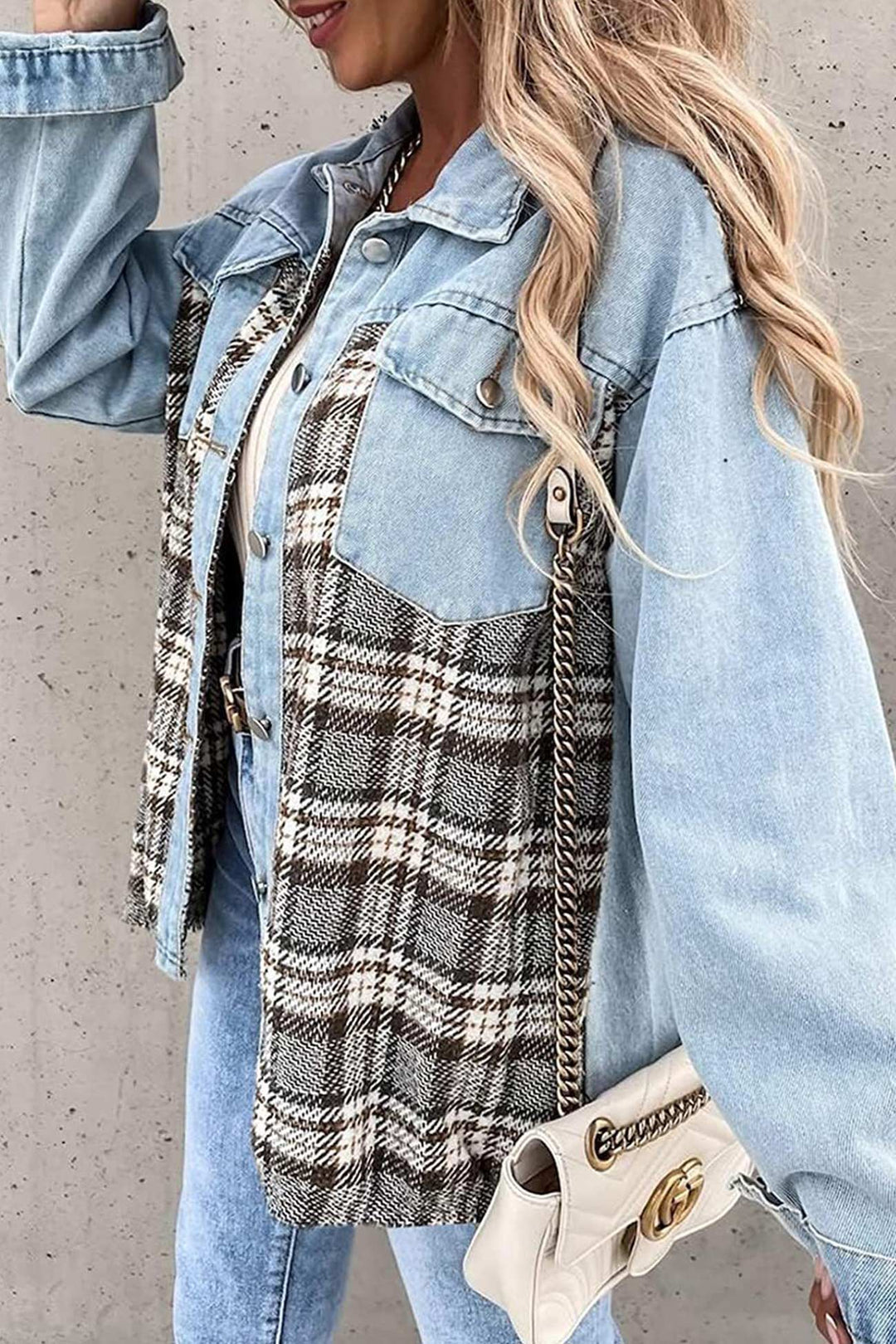 Stilla | Rutig Patchwork Jeansjakke