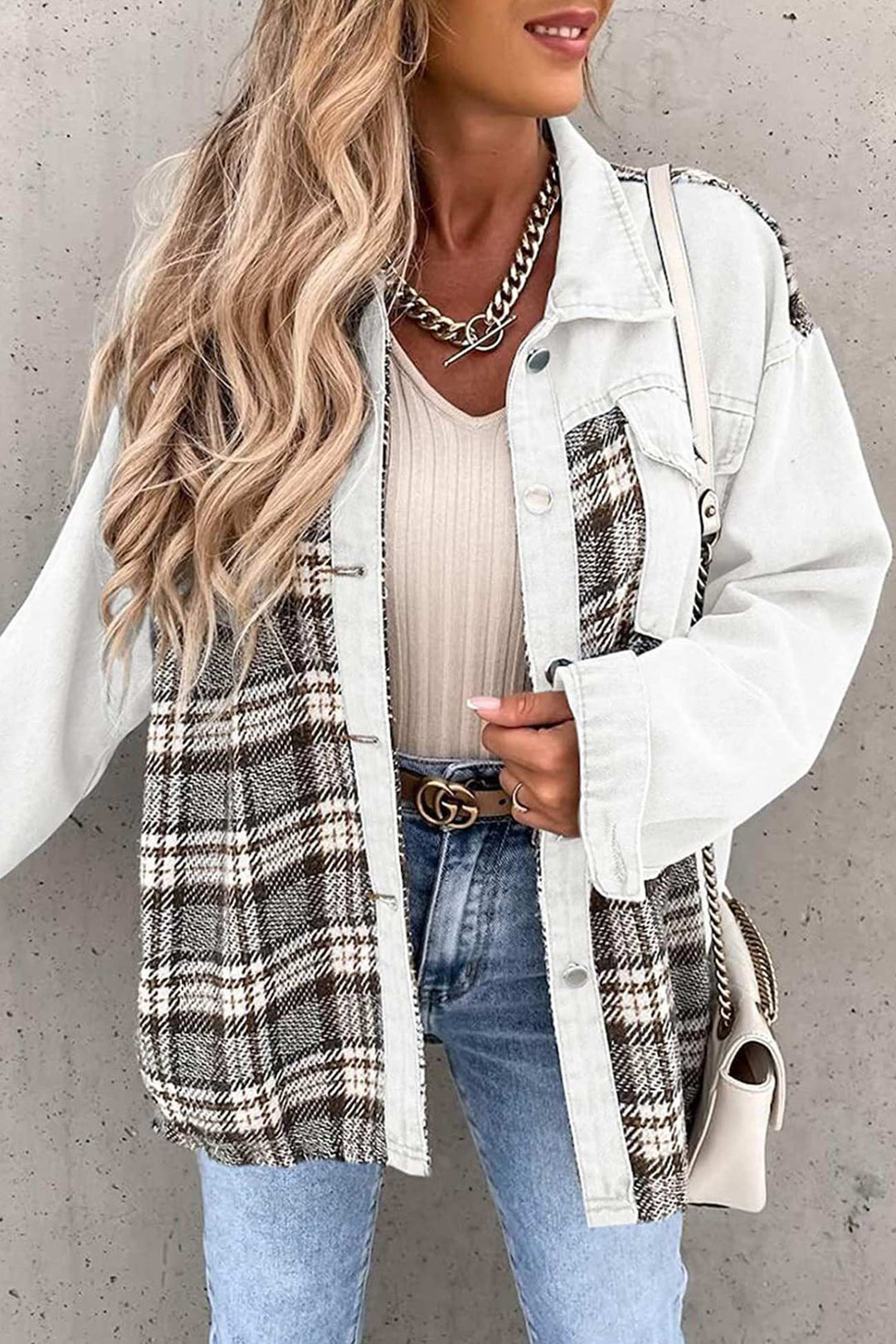 Stilla | Rutig Patchwork Jeansjakke