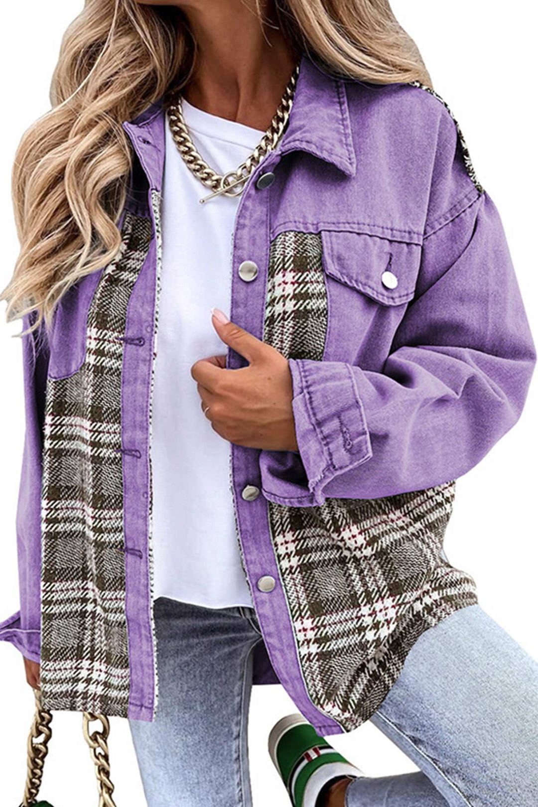 Stilla | Rutig Patchwork Jeansjakke
