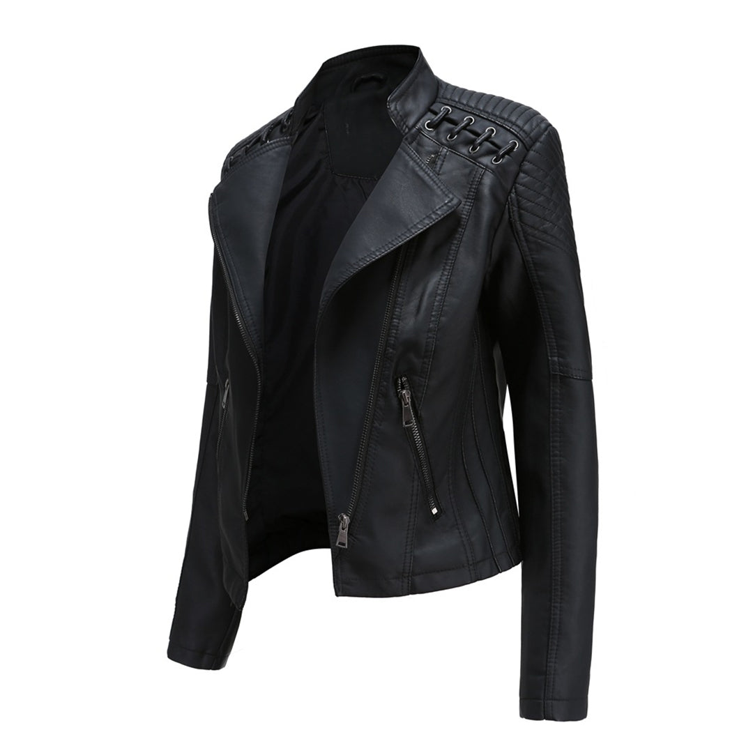 Stilla | Læderjakke - Biker-stil & Asymmetrisk lynlås med bredt revers