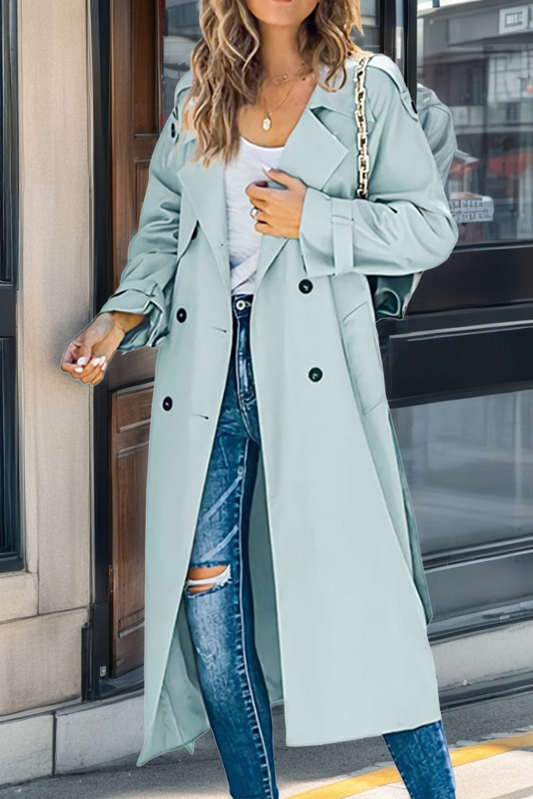 Stilla | Trenchcoat Relaxed Fit Dobbeltknap Gürteltasche Åndbart Mix