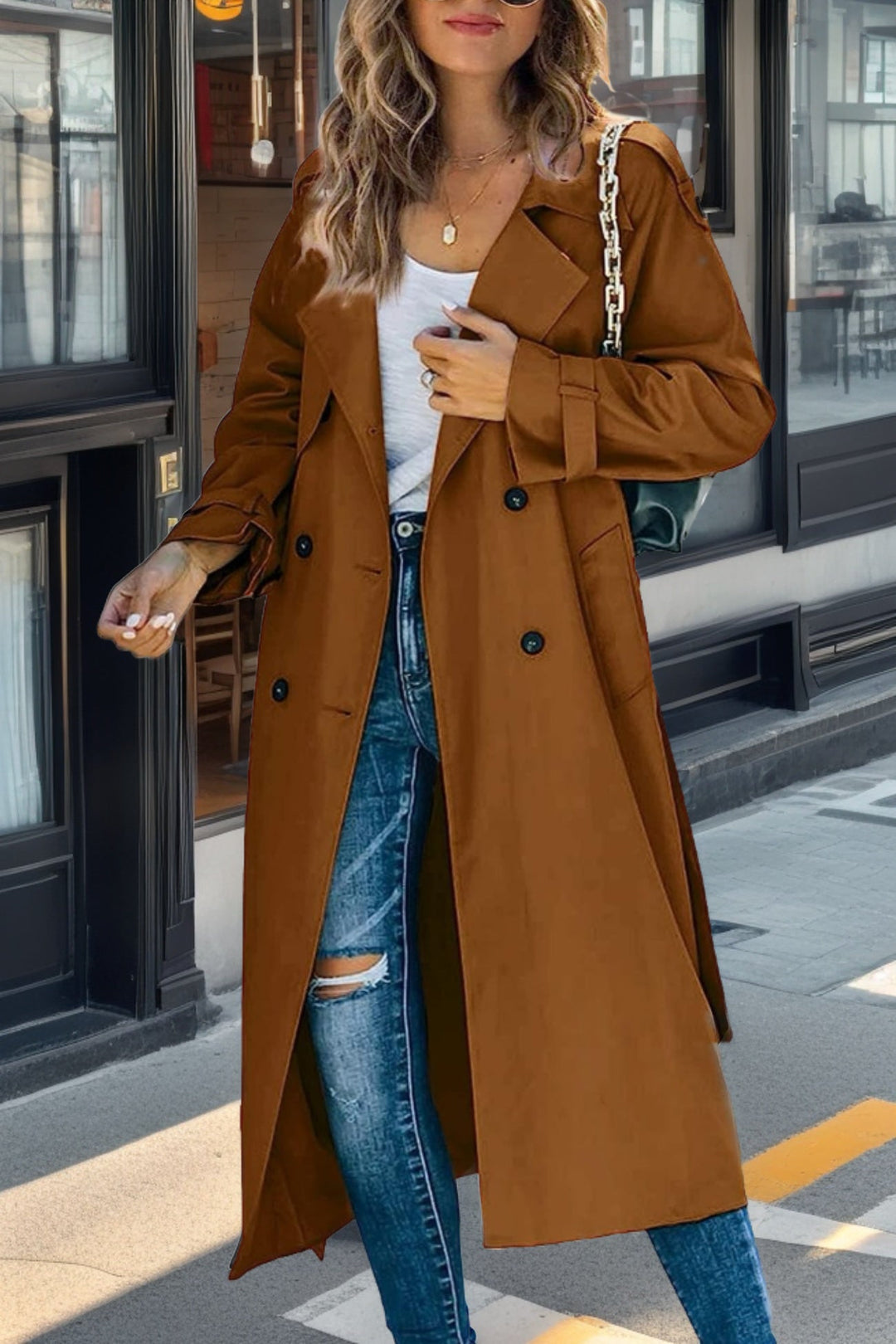 Stilla | Trenchcoat Relaxed Fit Dobbeltknap Gürteltasche Åndbart Mix