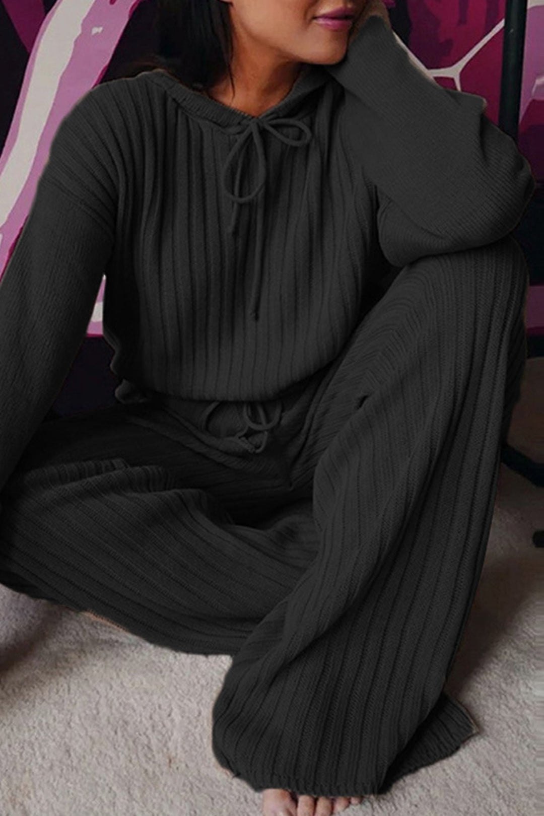 Stilla | Sæt Lange Bukser Med Ribbede Hoodie Sweatshirt og Snøre