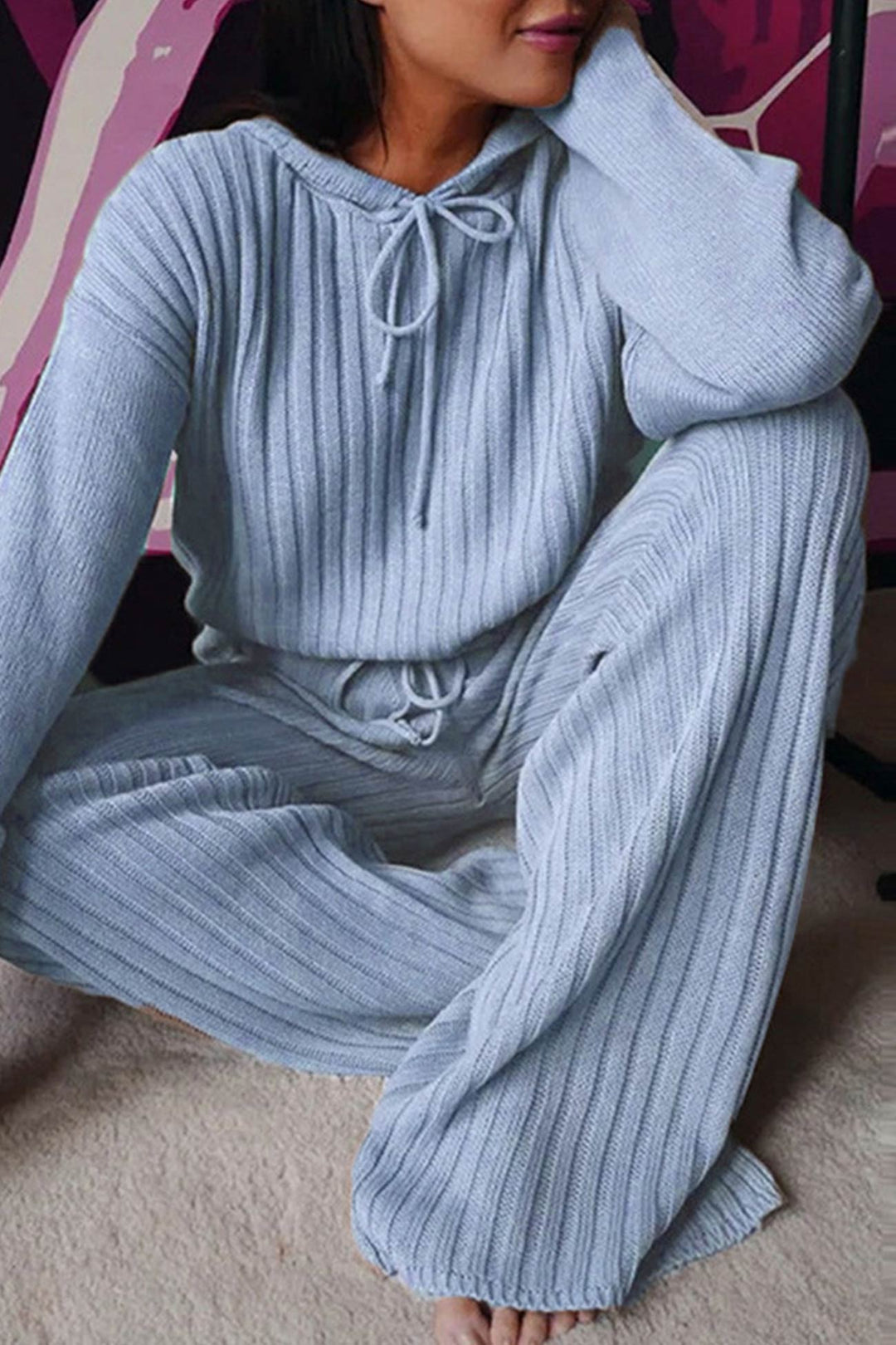 Stilla | Sæt Lange Bukser Med Ribbede Hoodie Sweatshirt og Snøre