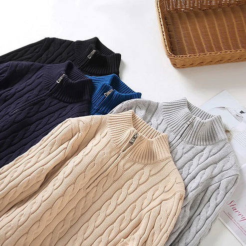 Stilla | Pullover med Fletmønster og Halv Lynlås - Elegant Fritids-Strikpullover