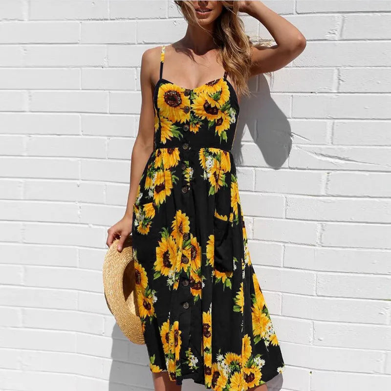 Stilla | Sommer Sexet Midi Kjole Med Strandprint