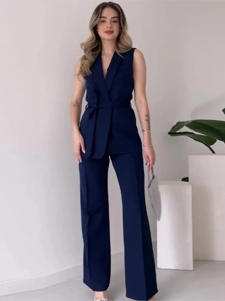 Stilla | Elegante 2-delt Udenærmetop og Lange Bukser Sæt Ensfarvet Slank Sæt Kvinder Festoutfit