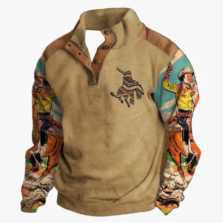 Stilla | Retro Cowboy Sweatshirt med Digitaltryk og Stående Krave - Western Casual Pullover til Udendørs og Fritid