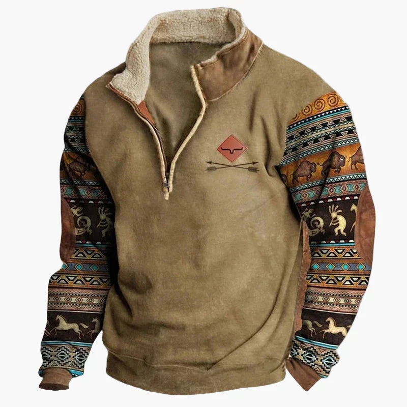 Stilla | Western Stil Pullover med Aztek Mønster og Longhorn Motiv - Komfortabel Fritids Sweater til Udendørs og Hverdag