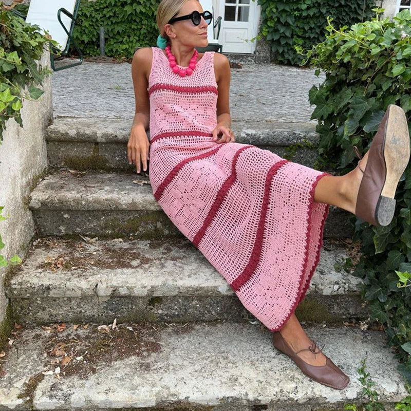 Stilla | Hollow Out Blomster Strik Maxi Kjole