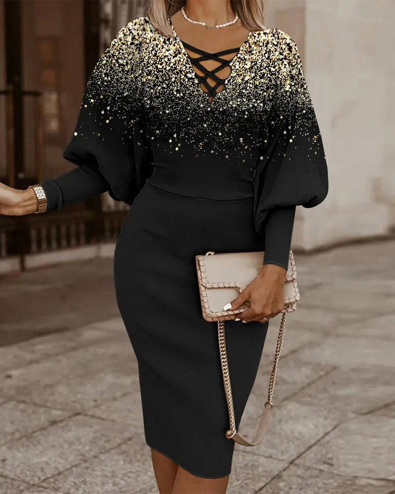 Stilla | Elegant Geometric Print Midi Dress til kvinder