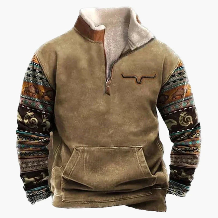 Stilla | Western Stil Pullover med Aztek Mønster og Longhorn Motiv - Komfortabel Fritids Sweater til Udendørs og Hverdag