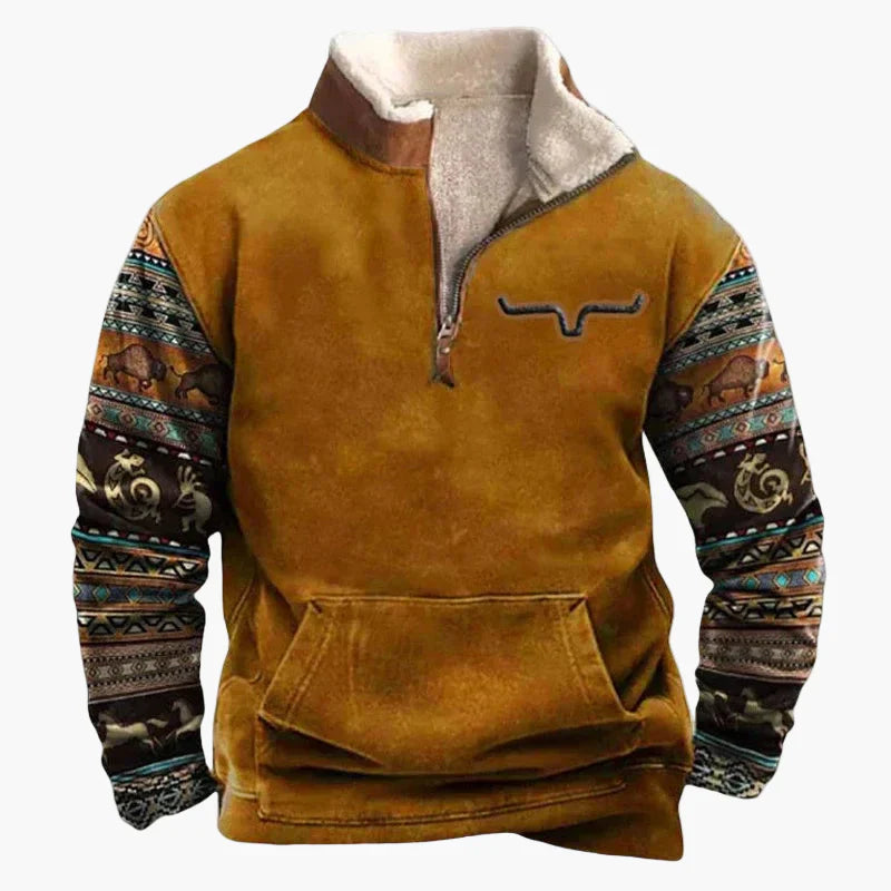 Stilla | Western Stil Pullover med Aztek Mønster og Longhorn Motiv - Komfortabel Fritids Sweater til Udendørs og Hverdag
