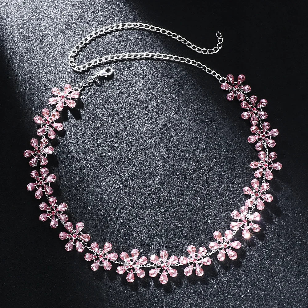 Skovae | Mode Pink Crystal Flowers Choker Necklace Statement Accessories Mode Frauen Rhinestone Collar Necklace Schlüsselbein Smykker Ins