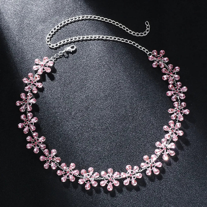 Skovae | Mode Pink Crystal Flowers Choker Necklace Statement Accessories Mode Frauen Rhinestone Collar Necklace Schlüsselbein Smykker Ins