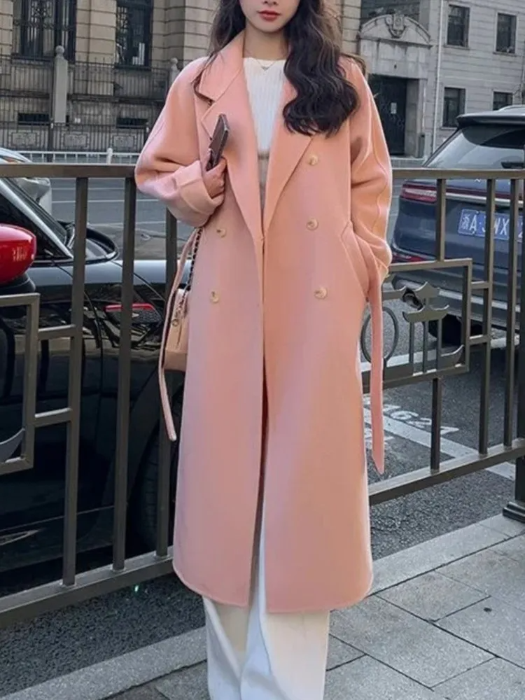 Stilla | Lang frakke Oversized Fit Dobbelt række Elastisk bånd Uld udseende