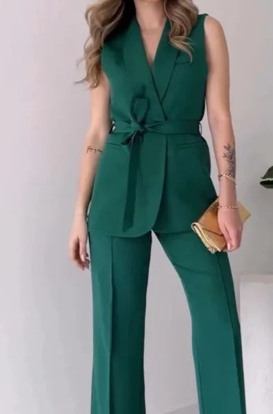 Stilla | Elegante 2-delt Udenærmetop og Lange Bukser Sæt Ensfarvet Slank Sæt Kvinder Festoutfit