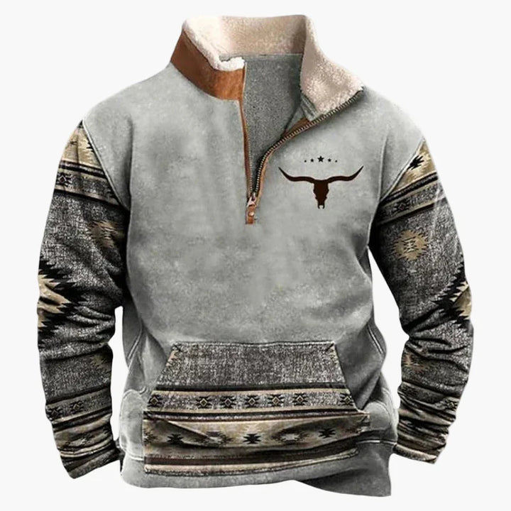 Stilla | Western Stil Pullover med Aztek Mønster og Longhorn Motiv - Komfortabel Fritids Sweater til Udendørs og Hverdag