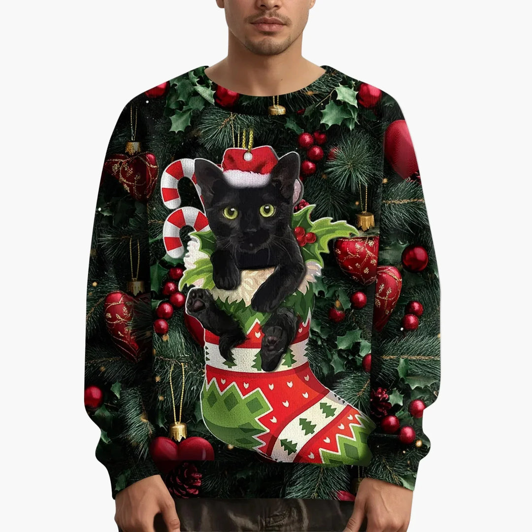 Stilla | Julet Sweatshirt med Kattemotiv og Festligt Design - Sjov Juletrøje til Jul og Vinter