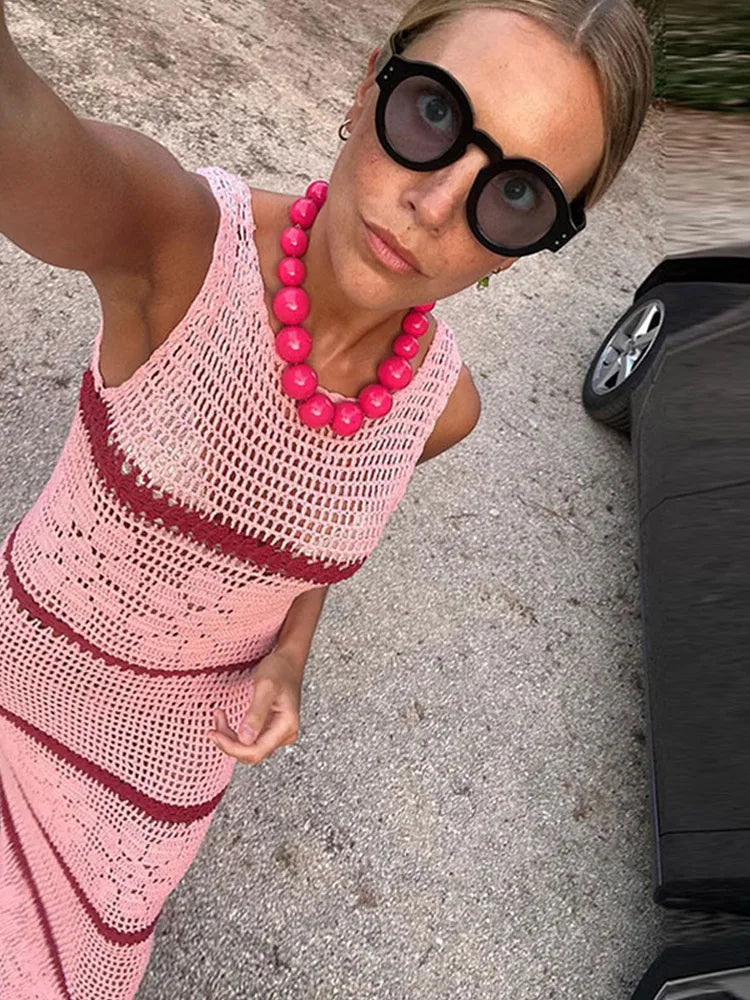 Stilla | Hollow Out Blomster Strik Maxi Kjole