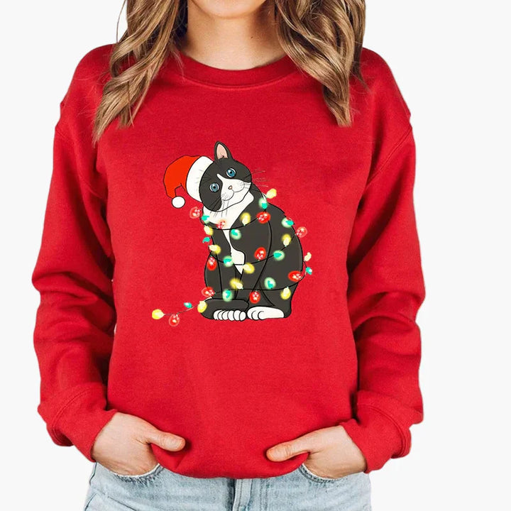 Stilla | Juletrøje med Kat og Lyskæde - Sjov Vinter-Sweater til Katteelskere