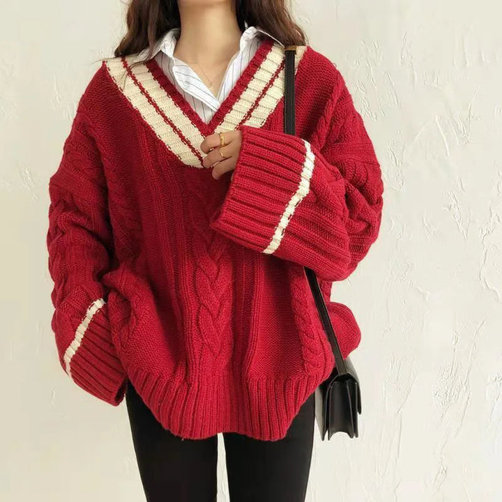 Stilla | Oversized Pullover Dame I Vintage Stil Med V-udskæring