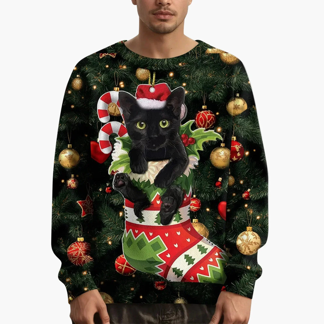Stilla | Julet Sweatshirt med Kattemotiv og Festligt Design - Sjov Juletrøje til Jul og Vinter