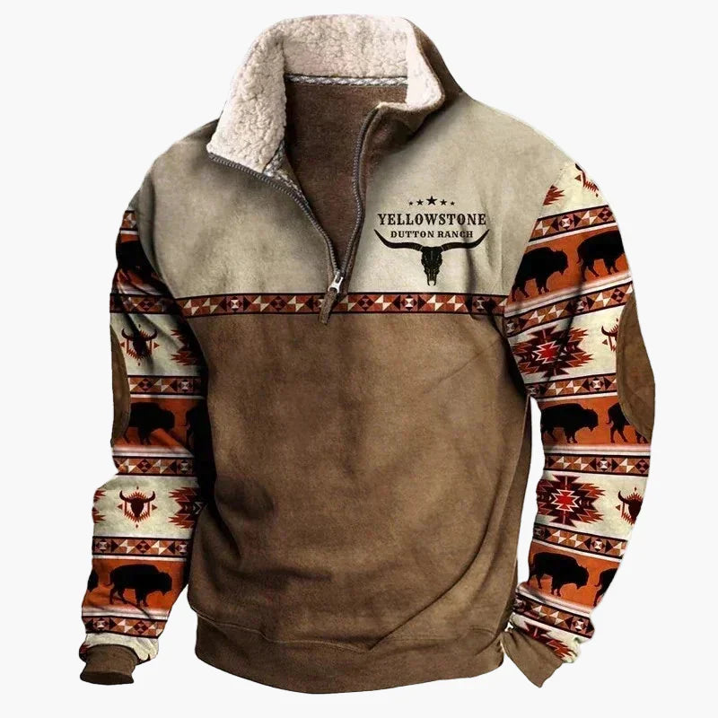 Stilla | Western Stil Pullover med Aztek Mønster og Longhorn Motiv - Komfortabel Fritids Sweater til Udendørs og Hverdag