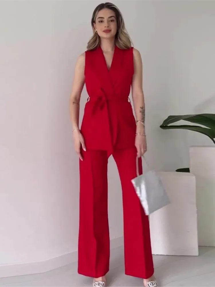 Stilla | Elegante 2-delt Udenærmetop og Lange Bukser Sæt Ensfarvet Slank Sæt Kvinder Festoutfit