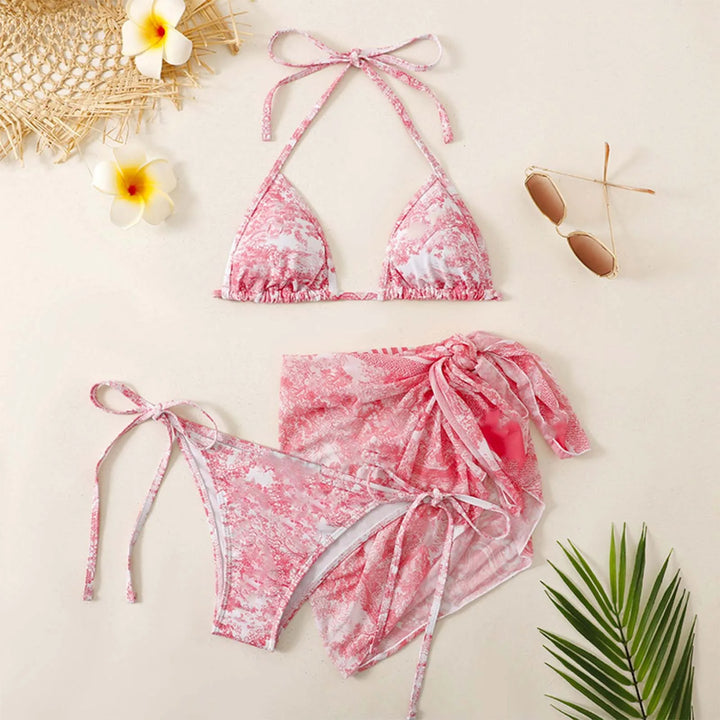 Skovae | Damen Tre-delt Badetøj Sommer Push-Up Høj Talje Bikini Sæt med Dækning Nederdel Tie Dyed Svømning Badedragt Strandtøj