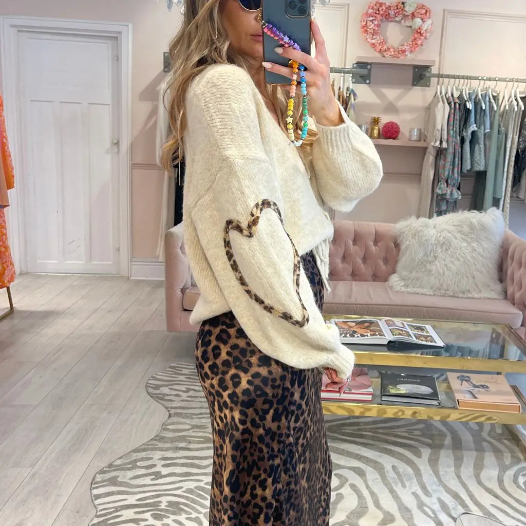 Stilla | Cardigan Dame Patchwork Leopard Hjerteform
