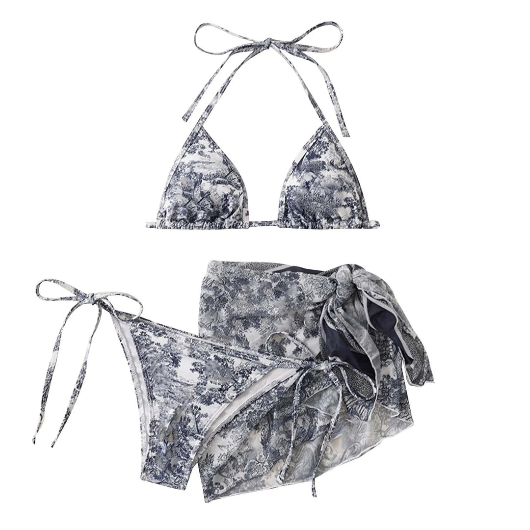 Skovae | Damen Tre-delt Badetøj Sommer Push-Up Høj Talje Bikini Sæt med Dækning Nederdel Tie Dyed Svømning Badedragt Strandtøj