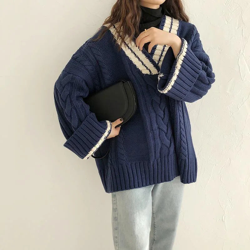 Stilla | Oversized Pullover Dame I Vintage Stil Med V-udskæring