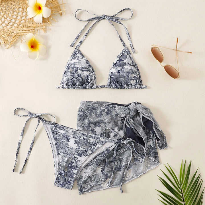 Skovae | Damen Tre-delt Badetøj Sommer Push-Up Høj Talje Bikini Sæt med Dækning Nederdel Tie Dyed Svømning Badedragt Strandtøj