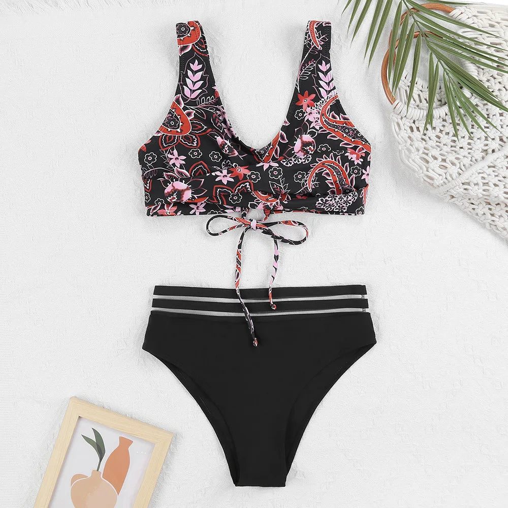 Skovae | Snøring Høj Talje Bikini Kvinder Badetøj Kvinder Badetøj Badedragt Polstret Push-Up Blomster Badedragt Kvinder Bikini Sæt