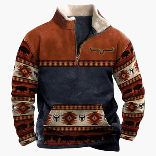 Stilla | Vintage Western Half-Zip Pullover med Etnisk Mønster til Udendørs og Fritid