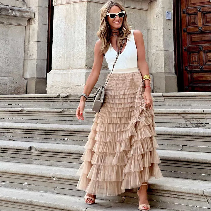 Skovae | Løs Dame Solid Ballkjole Lange Nederdel Tyll Høj Talje Pleseret Tutu Nederdel Elegant Dame Vild Net Dating Maxi Nederdele Drop