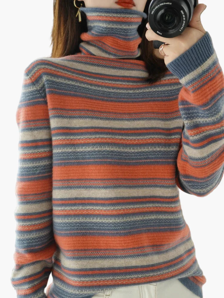 Stilla | Rullekrave Sweater I Retro-Stribemønster - Mode Vinter Sweater til Hverdag & Fritid