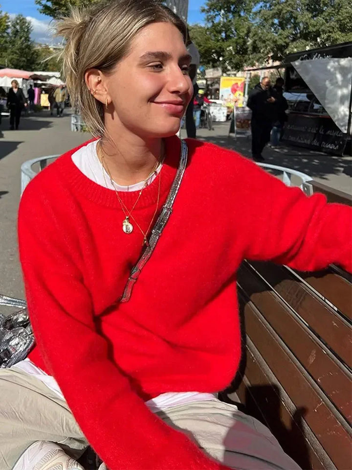 Stilla | Elegant Rød Rundhalset Pullover Af Bomuld Til Damer