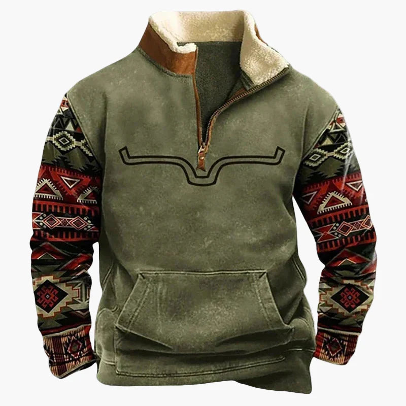 Stilla | Vintage Western Half-Zip Pullover med Etnisk Mønster til Udendørs og Fritid