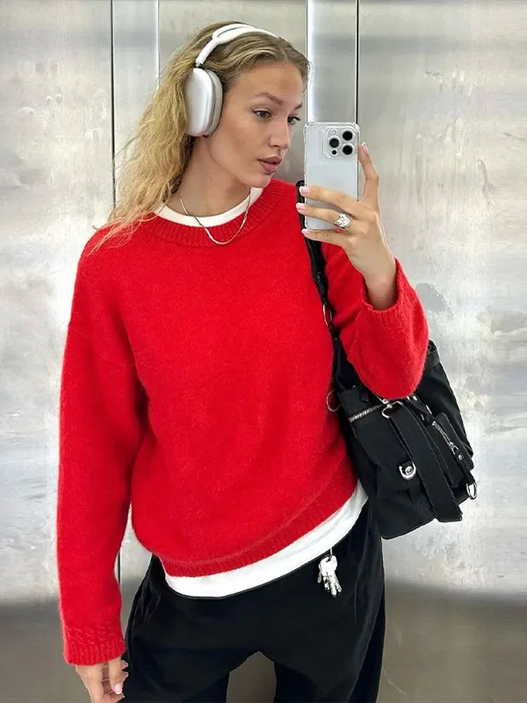 Stilla | Elegant Rød Rundhalset Pullover Af Bomuld Til Damer